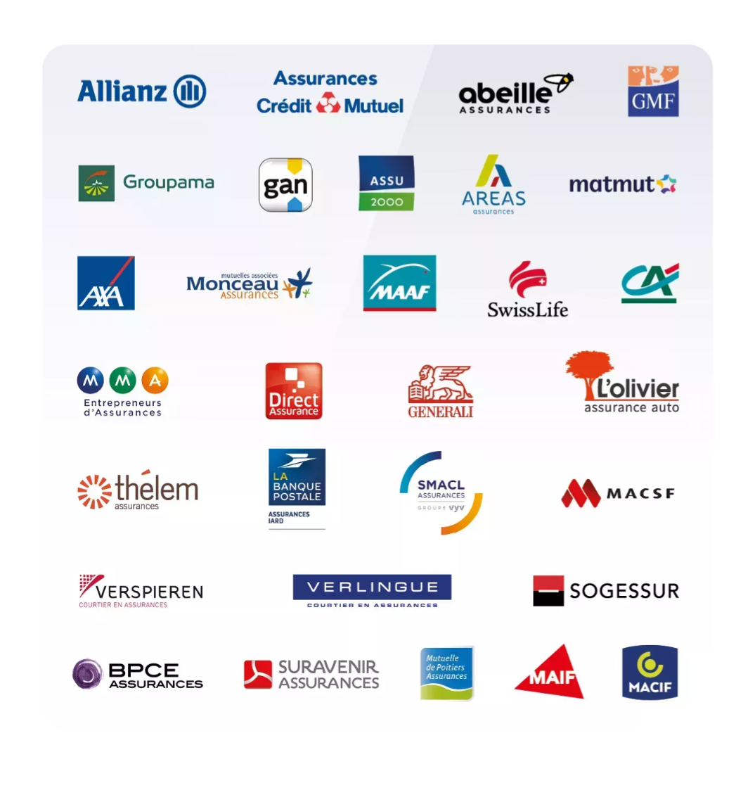 Logos des principales compagnies d'assurance : Allianz, AXA, Groupama, MAAF, MAIF, MACIF, Matmut, Generali, GMF, MMA, Crédit Agricole et autres